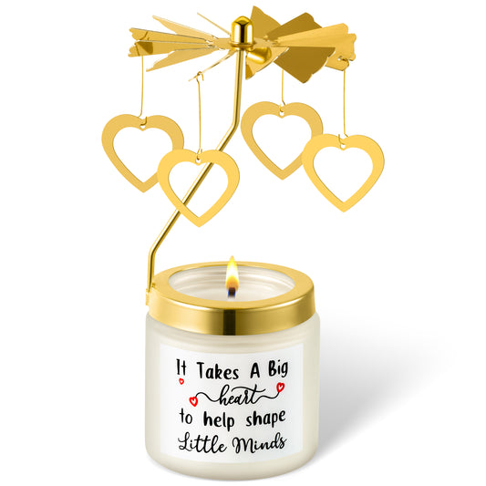 AellasNervalt Rotating Scented Candles Gifts for Teacher It Takes a Big Heart to Help Shape Little Minds Rose Fragrance Soy Wax Aromatherapy Candle with Gold Heart Charm Rotating Lid Holder Room Decor