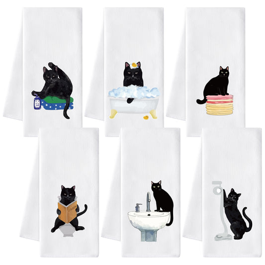 AellasNervalt Black Cat Hand Towel - 6Pcs Funny Bathroom Black Cat Decorative Kitchen Dish Towels Set Absorbent Polyester Towels for Bath Bar Dining Room Decor, Housewarming Gift for Hostess & Home