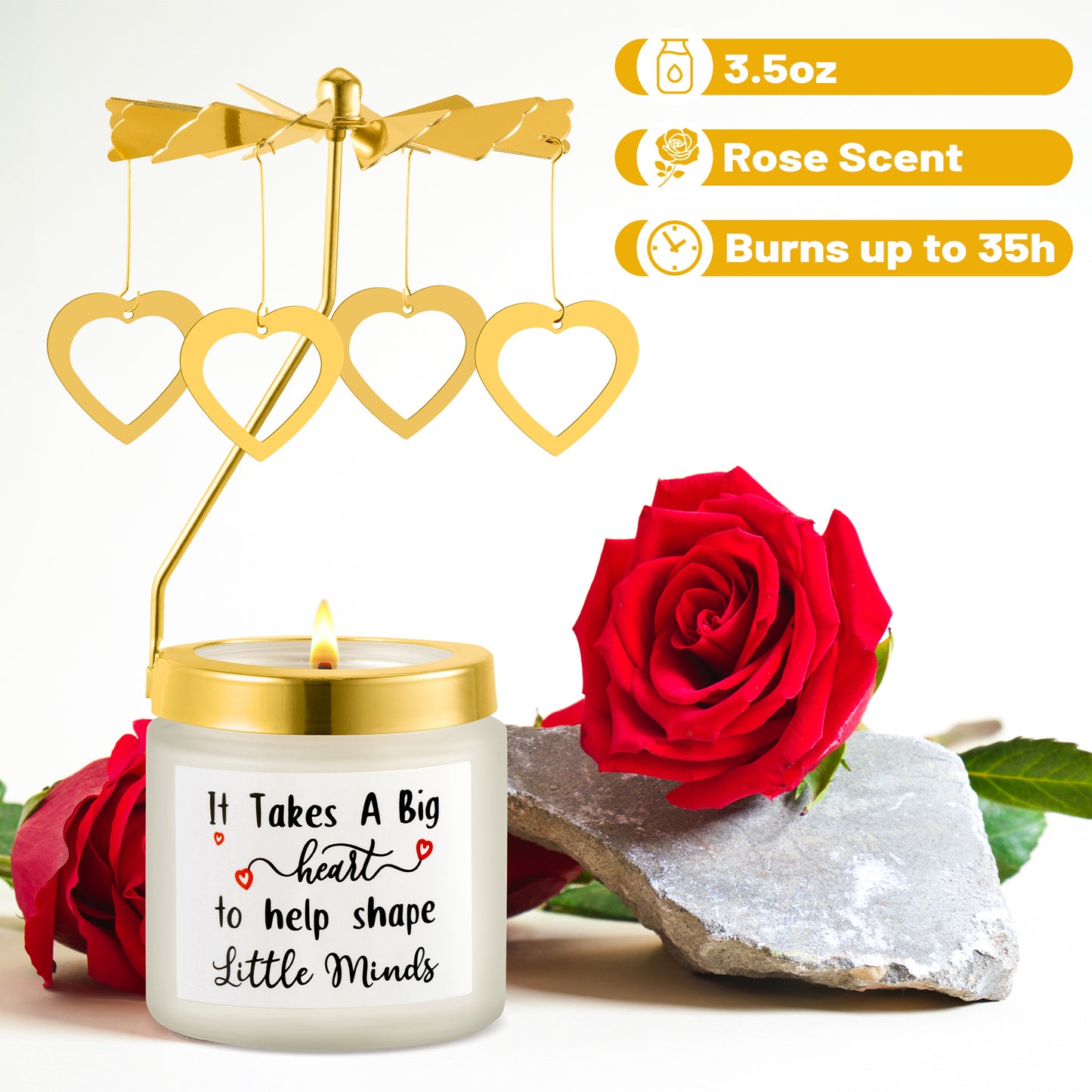 AellasNervalt Rotating Scented Candles Gifts for Teacher It Takes a Big Heart to Help Shape Little Minds Rose Fragrance Soy Wax Aromatherapy Candle with Gold Heart Charm Rotating Lid Holder Room Decor