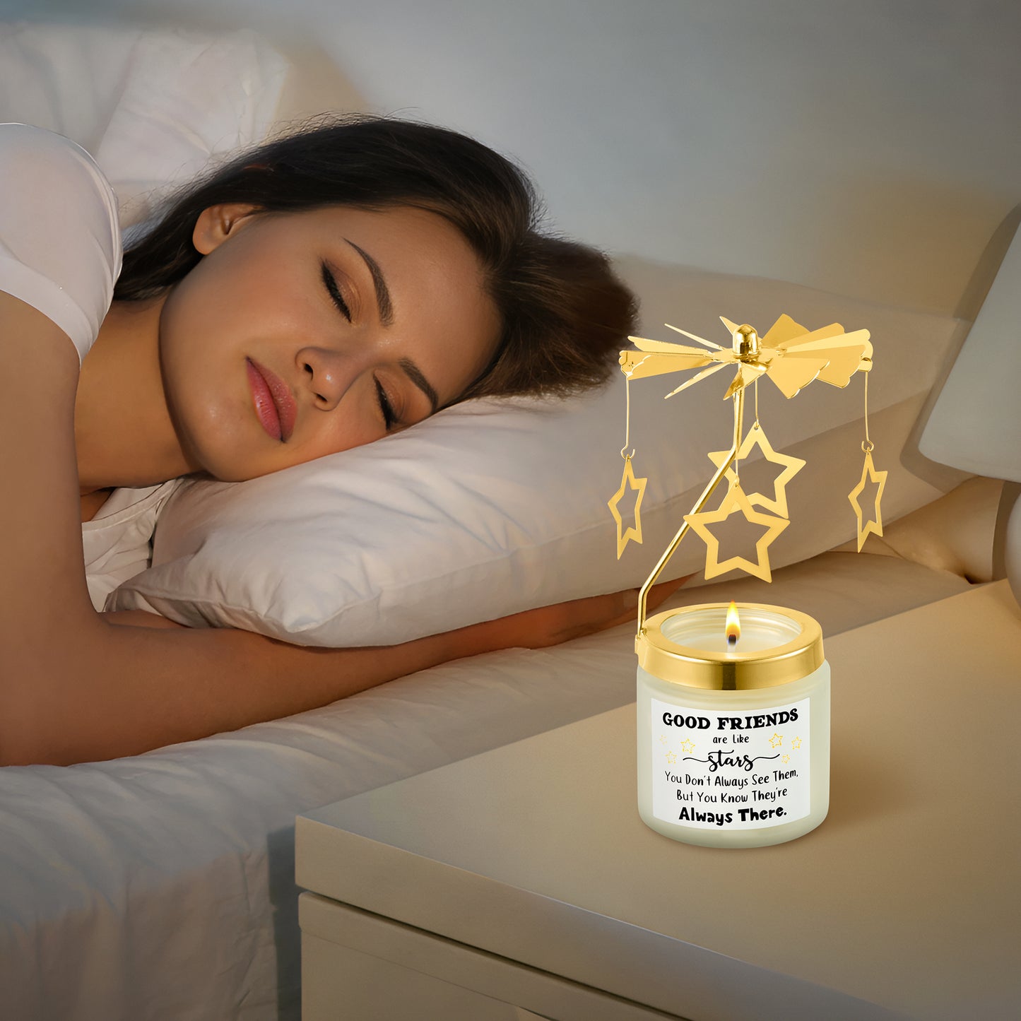 AellasNervalt Rotating Scented Candles Gifts for Friends Good Friends are The Stars Rose Fragrance Soy Wax Aromatherapy Candle with Gold Star Charm Rotating Lid Holder Exquisite Room Decor Supplies