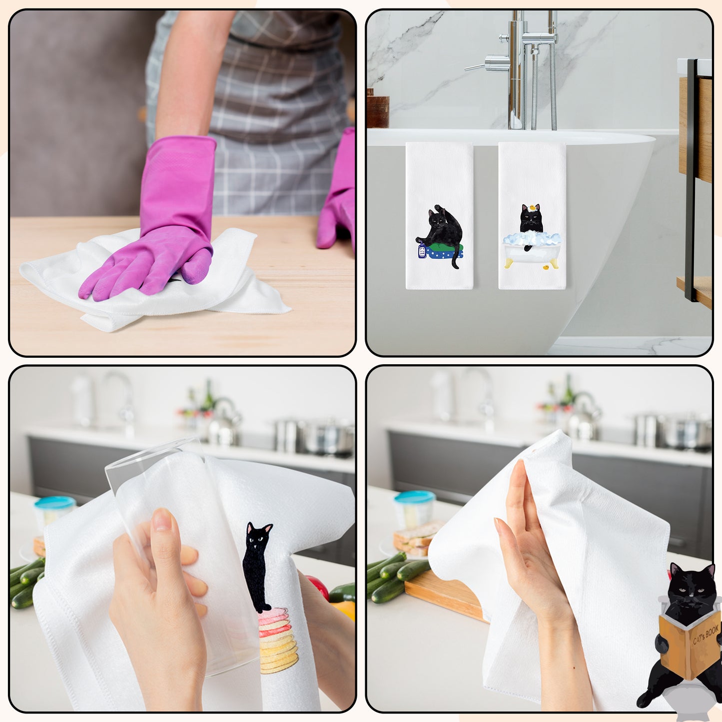 AellasNervalt Black Cat Hand Towel - 6Pcs Funny Bathroom Black Cat Decorative Kitchen Dish Towels Set Absorbent Polyester Towels for Bath Bar Dining Room Decor, Housewarming Gift for Hostess & Home