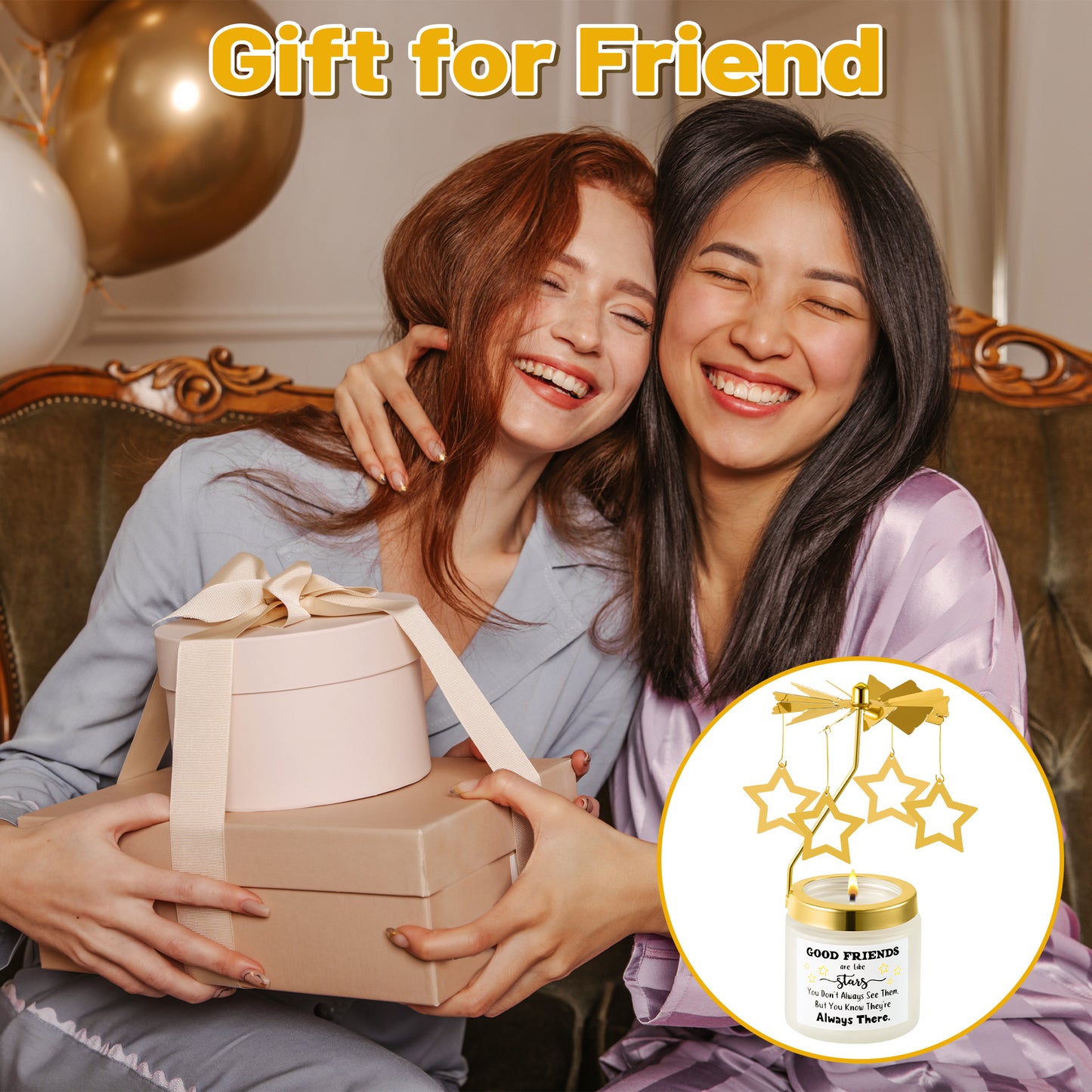 AellasNervalt Rotating Scented Candles Gifts for Friends Good Friends are The Stars Rose Fragrance Soy Wax Aromatherapy Candle with Gold Star Charm Rotating Lid Holder Exquisite Room Decor Supplies