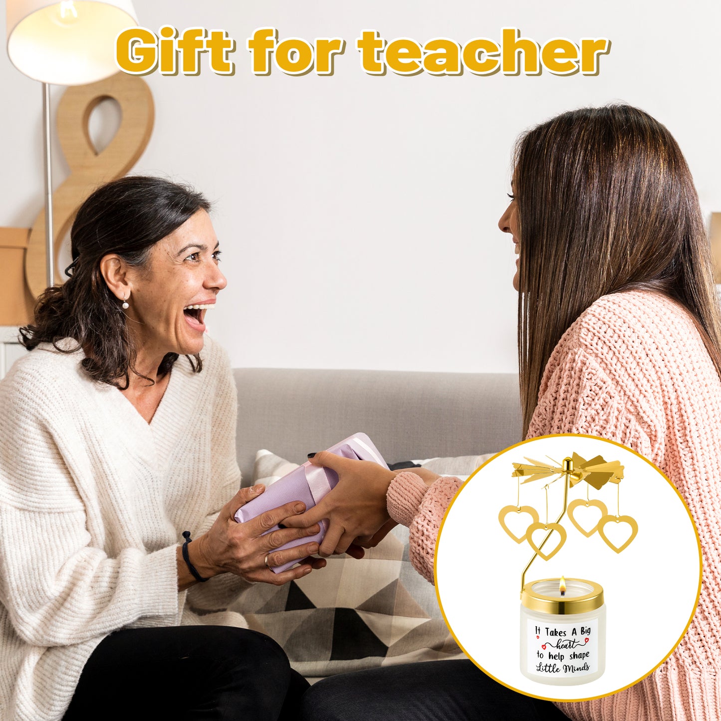 AellasNervalt Rotating Scented Candles Gifts for Teacher It Takes a Big Heart to Help Shape Little Minds Rose Fragrance Soy Wax Aromatherapy Candle with Gold Heart Charm Rotating Lid Holder Room Decor