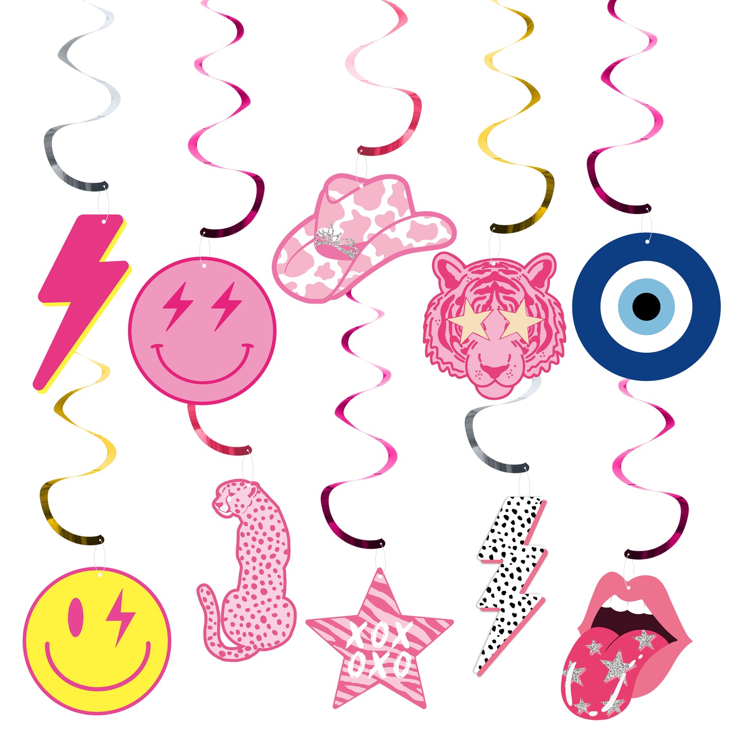 AellasNervalt 30Pcs Preppy Y2k Hot Pink Party Swirl Smile Face Lightning Ceiling Hanging Swirls Lips Leopard Whirl Streamers Decorations for Teen Girls Birthday Bachelorette Early 2000s Theme Party