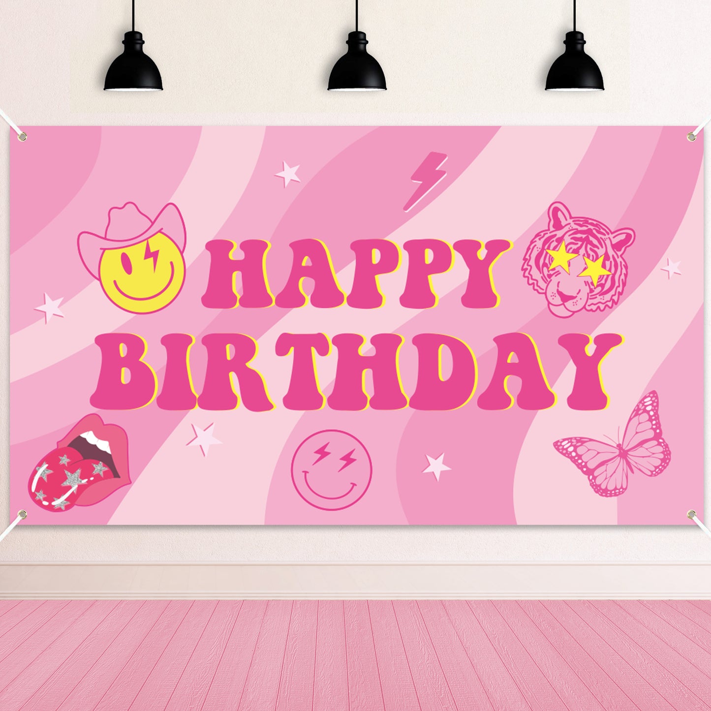 AellasNervalt Preppy Birthday Party Backdrop Hot Pink Smiling Face Lip Butterfly Banner Extra Large Y2k Happy Birthday Background Banners Photo Booth Prop Decor Supplies for Girls Party 6.5 x 3.7 ft