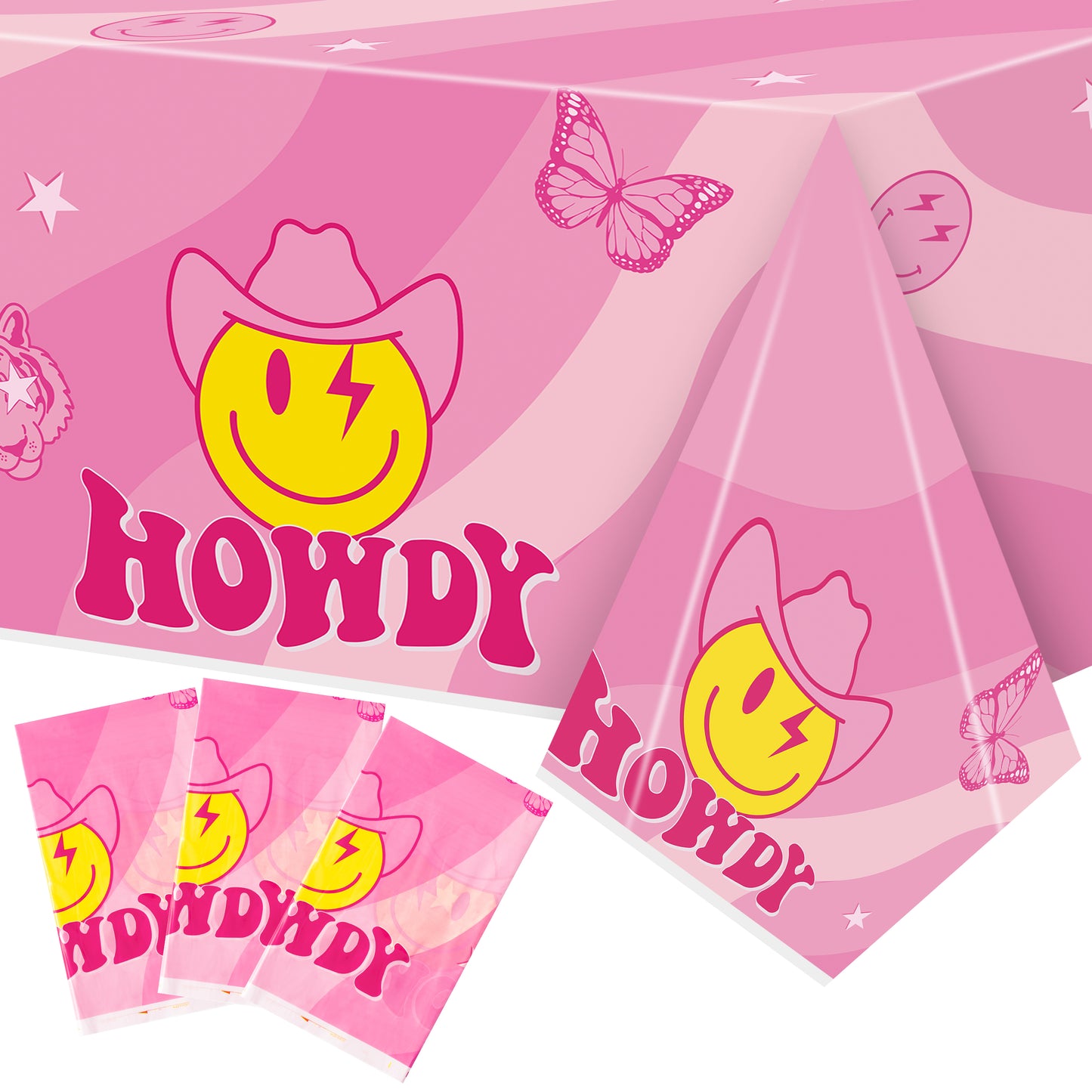 AellasNervalt 3Pcs Preppy Party Tablecloths Hot Pink Cowgirl Smile Face Howdy Plastic Rectangle Table Covers Disposable Y2k Tablecloth for Girl Birthday Bachelorette 2000s Theme Party 51.2 x 86.6 in