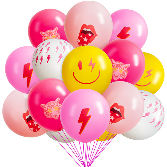 AellasNervalt 50Pcs Preppy Y2k Hot Pink Party Balloons Smile Face Lightning 12inch Latex Balloon with Ribbon Retro Decoration Supplies for Teen Girls Birthday Bachelorette Early 2000s Theme Party