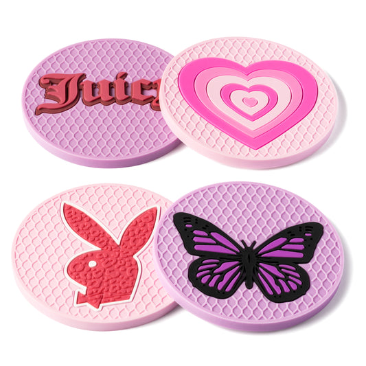 AellasNervalt 4Pcs Y2k Car Cup Coaster Preppy Non-Slip Silicone Drink Coasters Butterfly Rabbit Heart Cup Holder Heat Resistant Cups Mat Housewarming Gift Auto Accessories for Girls Pink Purple 2.8 In