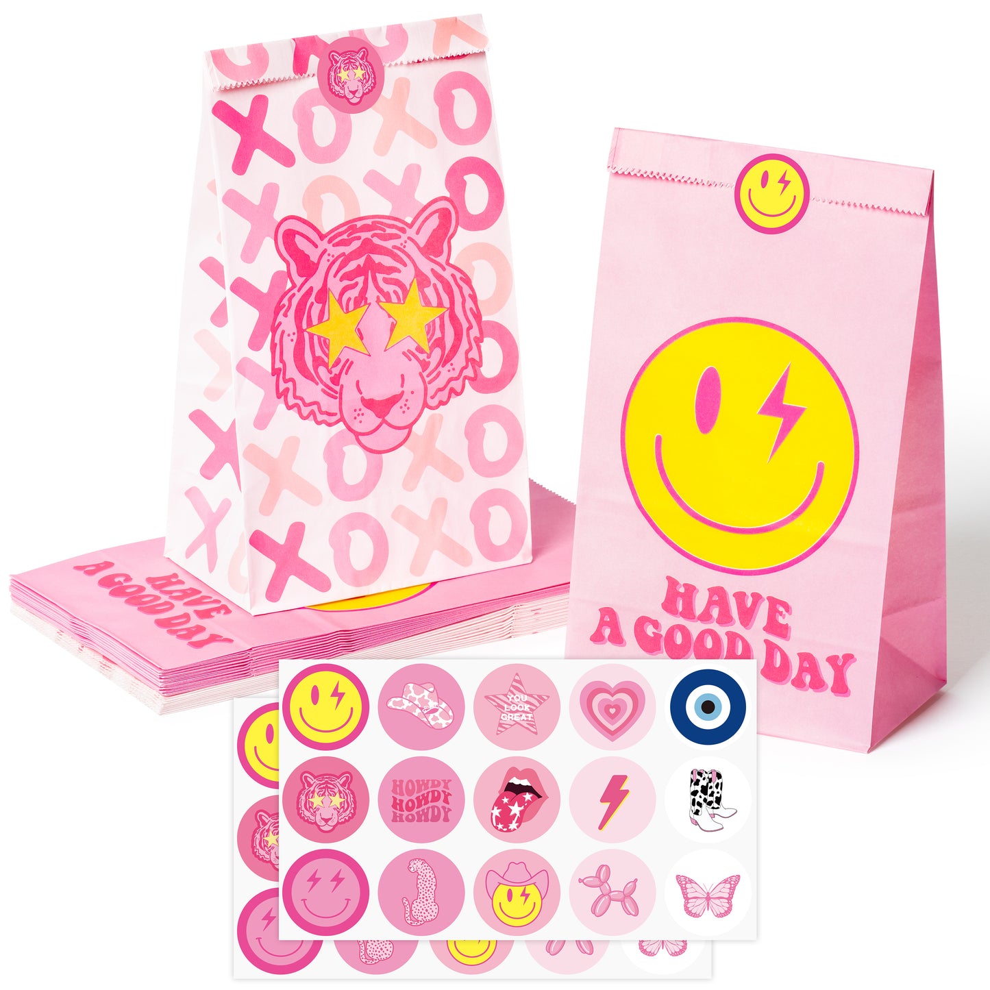 AellasNervalt 26Pcs Preppy Party Favor Bag with Stickers Y2k Hot Pink Smile Face Tiger Goodie Bags Paper Treat Bag Candy Gift Bags Supplies for Teen Girls Birthday Bachelorette Early 2000s Theme Party