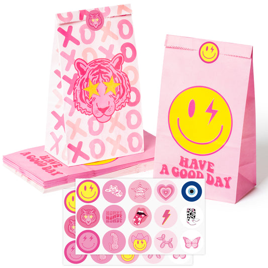 AellasNervalt 26Pcs Preppy Party Favor Bag with Stickers Y2k Hot Pink Smile Face Tiger Goodie Bags Paper Treat Bag Candy Gift Bags Supplies for Teen Girls Birthday Bachelorette Early 2000s Theme Party