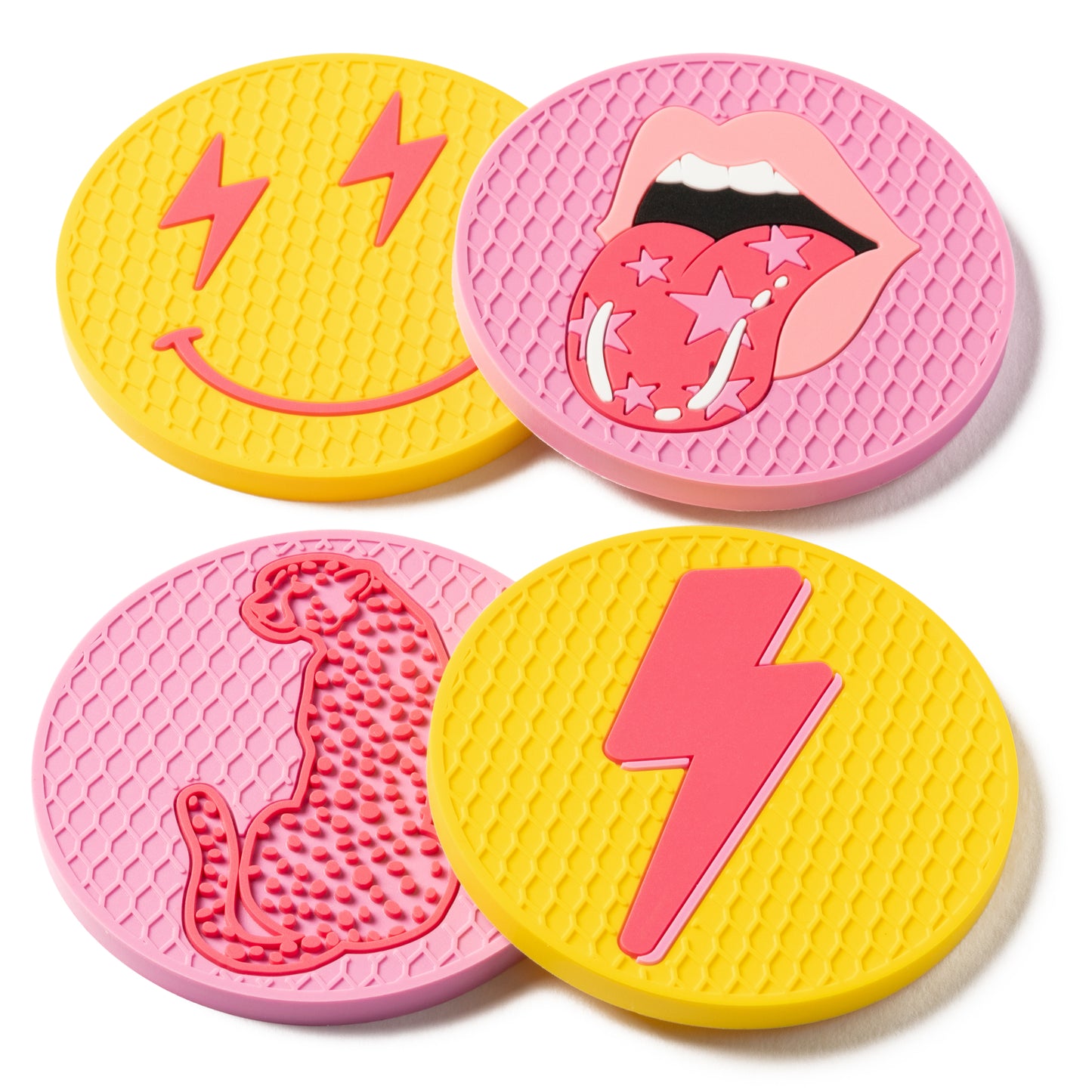 AellasNervalt 4Pcs Preppy Car Cup Coaster Smile Face Lightning Bolt Leopard Lip Silicone Drink Coasters Non-Slip Heat Resistant Cups Mat Cup Holders Auto Accessories for Teen Girls Pink Yellow 2.8 in