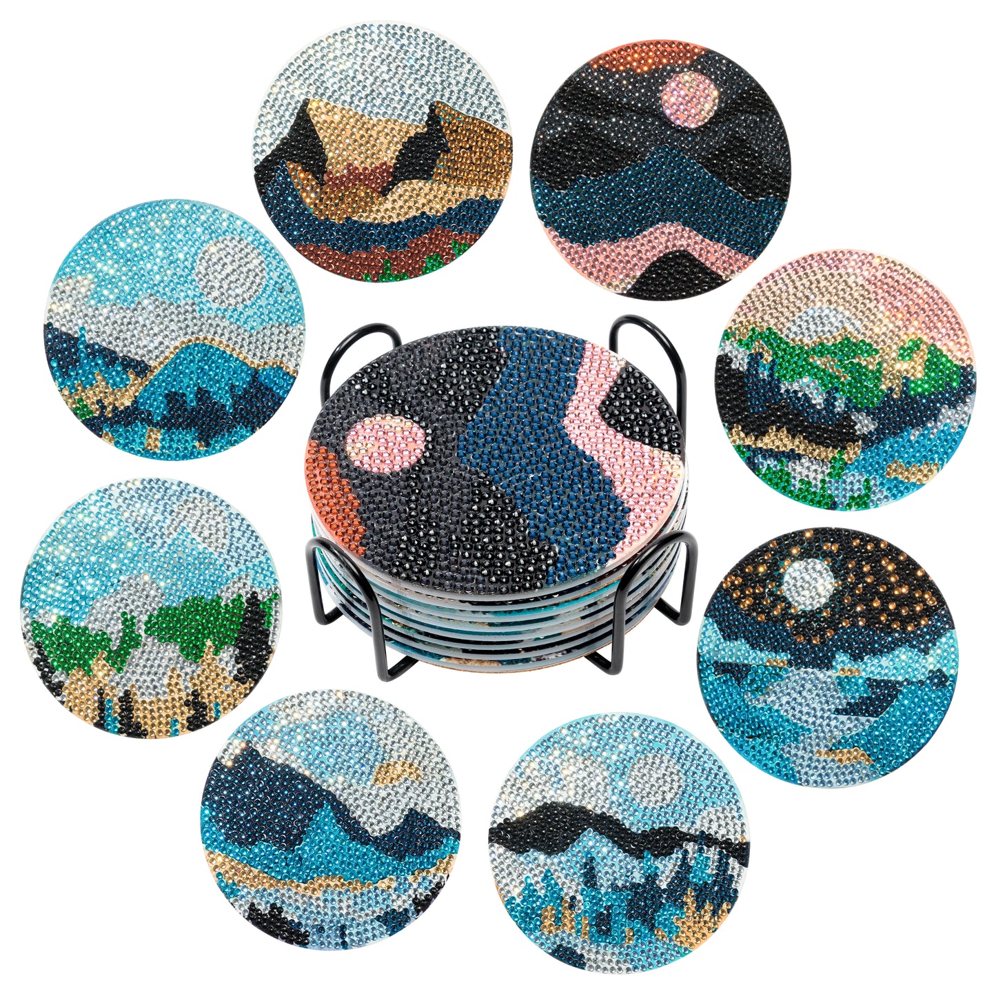 AellasNervalt 8Pcs Landscape Diamond Painting Coasters Kits Mountains Rivers Forests Prints Coaster with Holder Non slip Cork Backing Coasters DIY Diamond Art Craft Supplies for Adults Kids Beginners