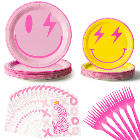 AellasNervalt 96Pcs Preppy Party Tableware Set Smile Face Paper Dessert Plates Napkins Forks Disposable Retro Dinnerware Serve 24 Guests Supplies for Girl Birthday Bachelorette Early 2000s Theme Party