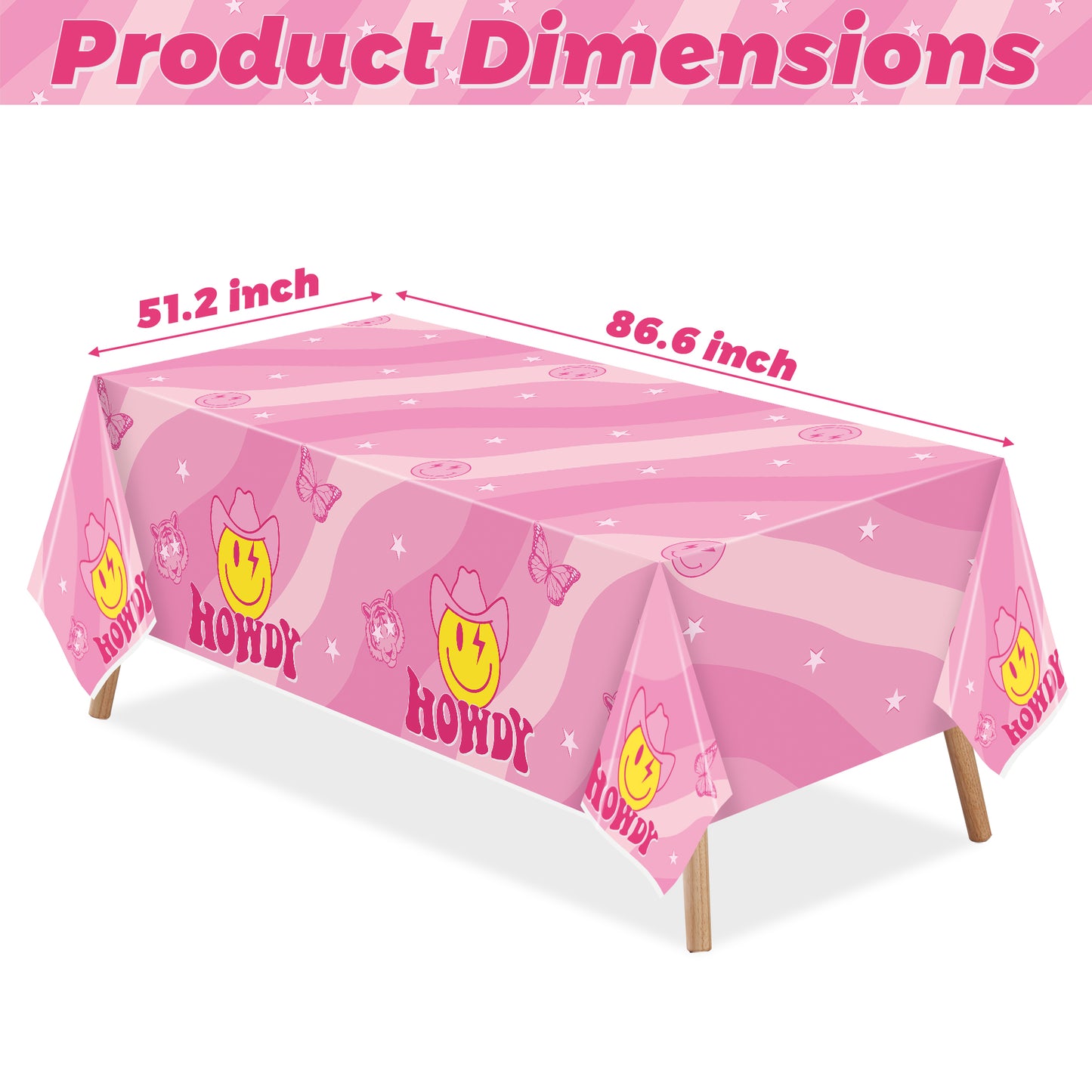 AellasNervalt 3Pcs Preppy Party Tablecloths Hot Pink Cowgirl Smile Face Howdy Plastic Rectangle Table Covers Disposable Y2k Tablecloth for Girl Birthday Bachelorette 2000s Theme Party 51.2 x 86.6 in