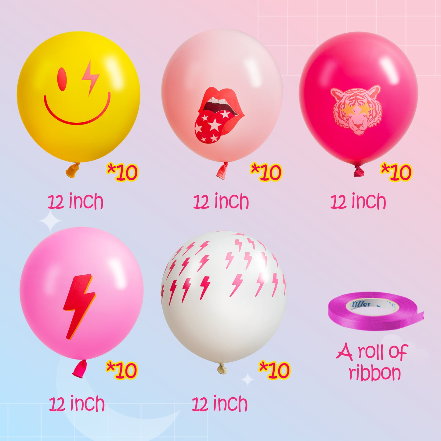 AellasNervalt 50Pcs Preppy Y2k Hot Pink Party Balloons Smile Face Lightning 12inch Latex Balloon with Ribbon Retro Decoration Supplies for Teen Girls Birthday Bachelorette Early 2000s Theme Party