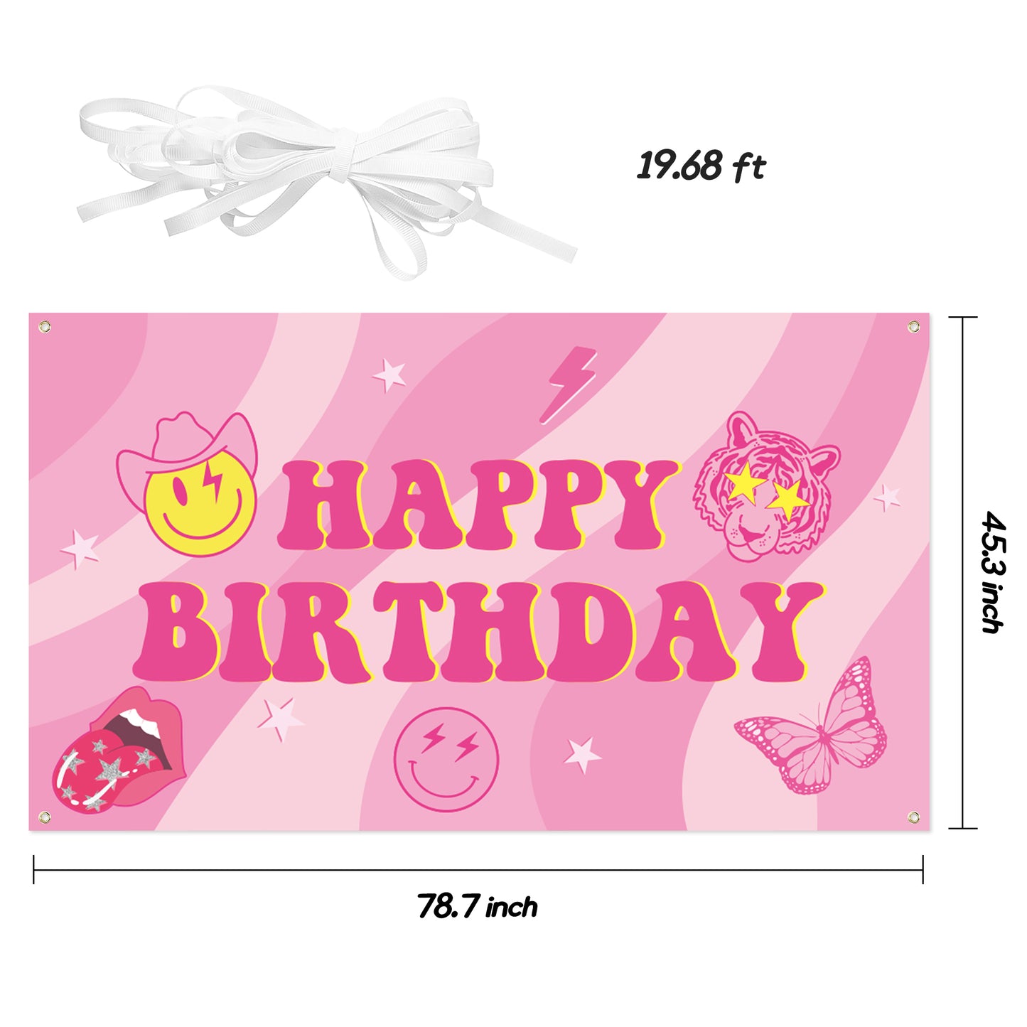 AellasNervalt Preppy Birthday Party Backdrop Hot Pink Smiling Face Lip Butterfly Banner Extra Large Y2k Happy Birthday Background Banners Photo Booth Prop Decor Supplies for Girls Party 6.5 x 3.7 ft