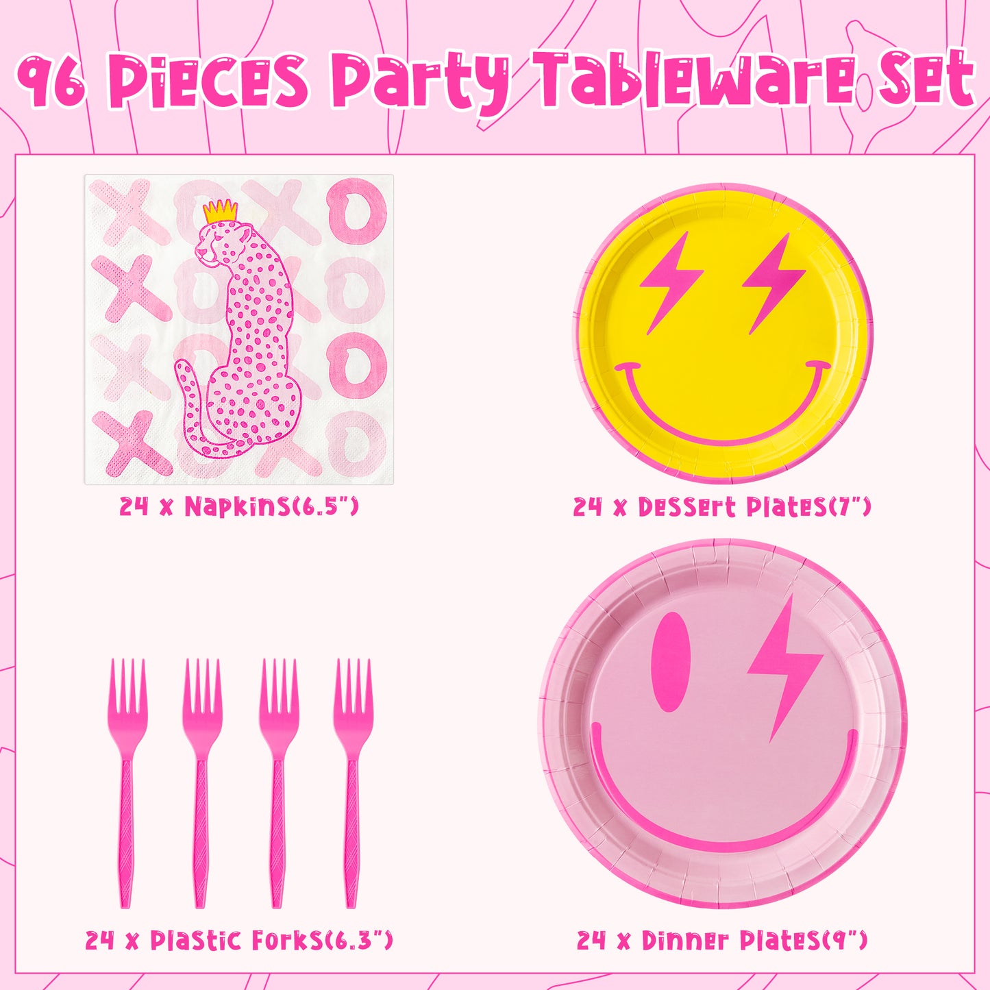 AellasNervalt 96Pcs Preppy Party Tableware Set Smile Face Paper Dessert Plates Napkins Forks Disposable Retro Dinnerware Serve 24 Guests Supplies for Girl Birthday Bachelorette Early 2000s Theme Party