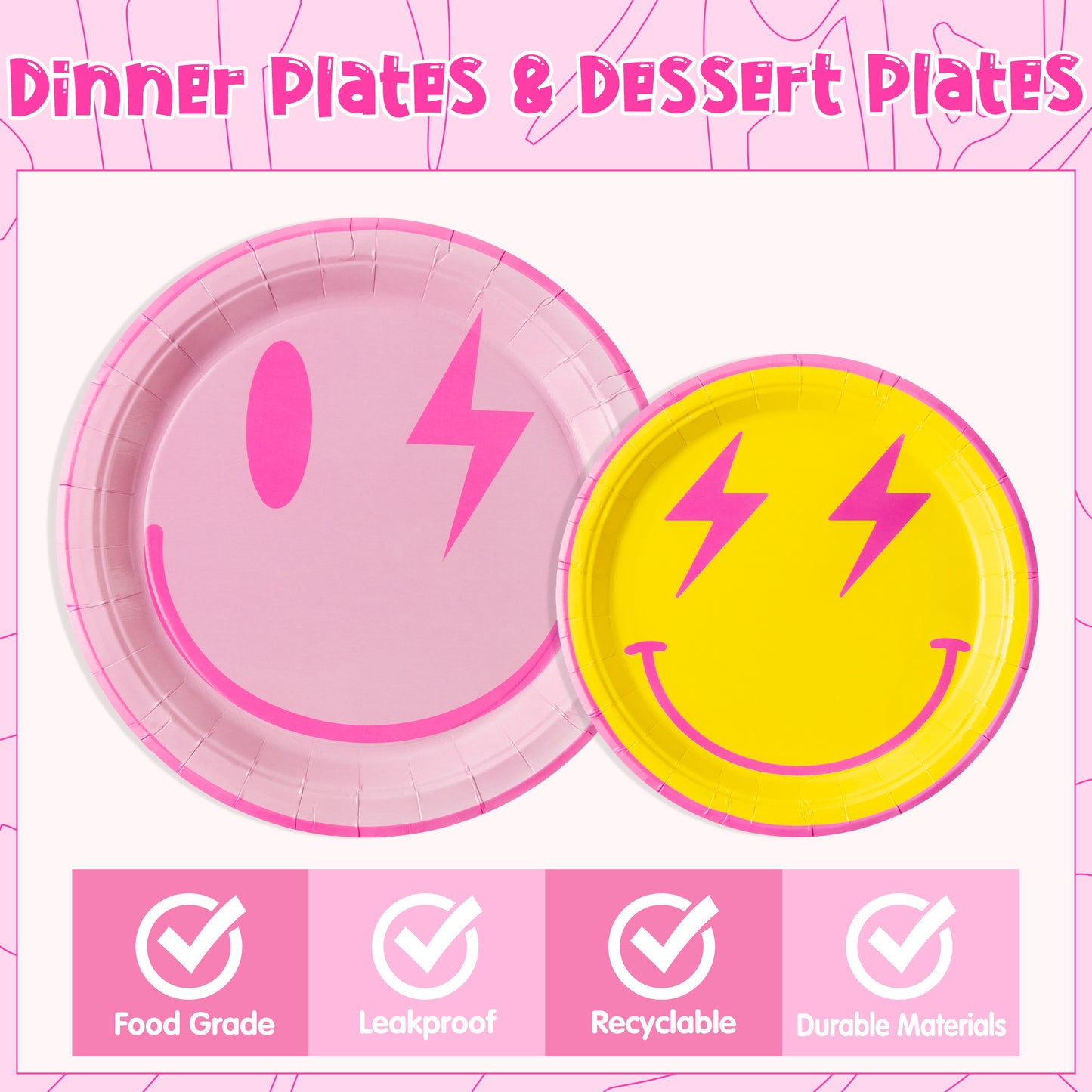 AellasNervalt 96Pcs Preppy Party Tableware Set Smile Face Paper Dessert Plates Napkins Forks Disposable Retro Dinnerware Serve 24 Guests Supplies for Girl Birthday Bachelorette Early 2000s Theme Party