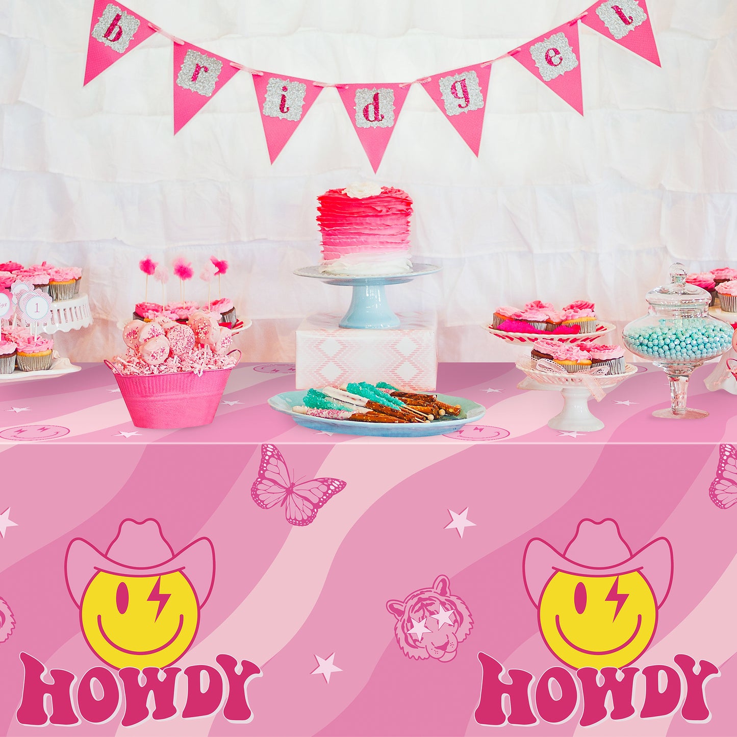 AellasNervalt 3Pcs Preppy Party Tablecloths Hot Pink Cowgirl Smile Face Howdy Plastic Rectangle Table Covers Disposable Y2k Tablecloth for Girl Birthday Bachelorette 2000s Theme Party 51.2 x 86.6 in