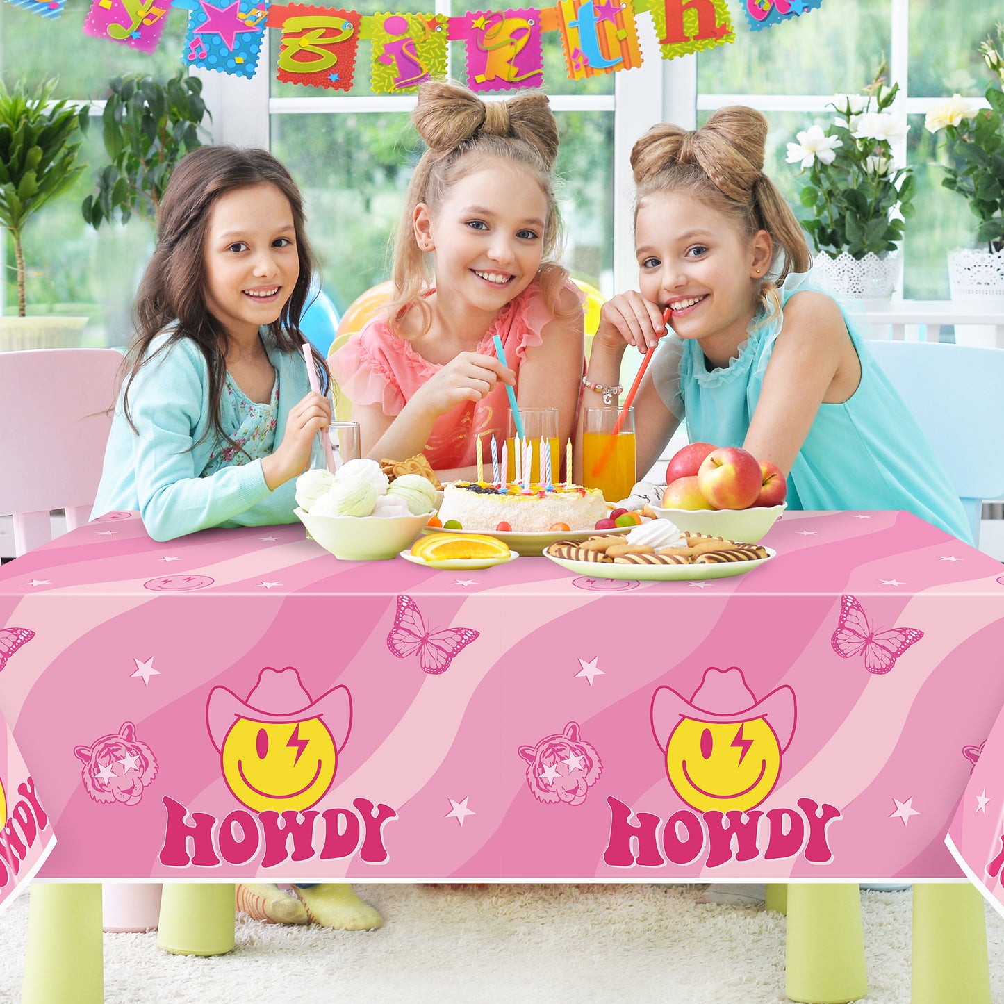 AellasNervalt 3Pcs Preppy Party Tablecloths Hot Pink Cowgirl Smile Face Howdy Plastic Rectangle Table Covers Disposable Y2k Tablecloth for Girl Birthday Bachelorette 2000s Theme Party 51.2 x 86.6 in